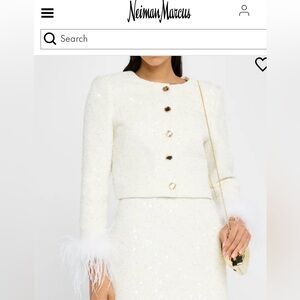 Milly White Beaded Tweed Blazer with Feather Cuffs